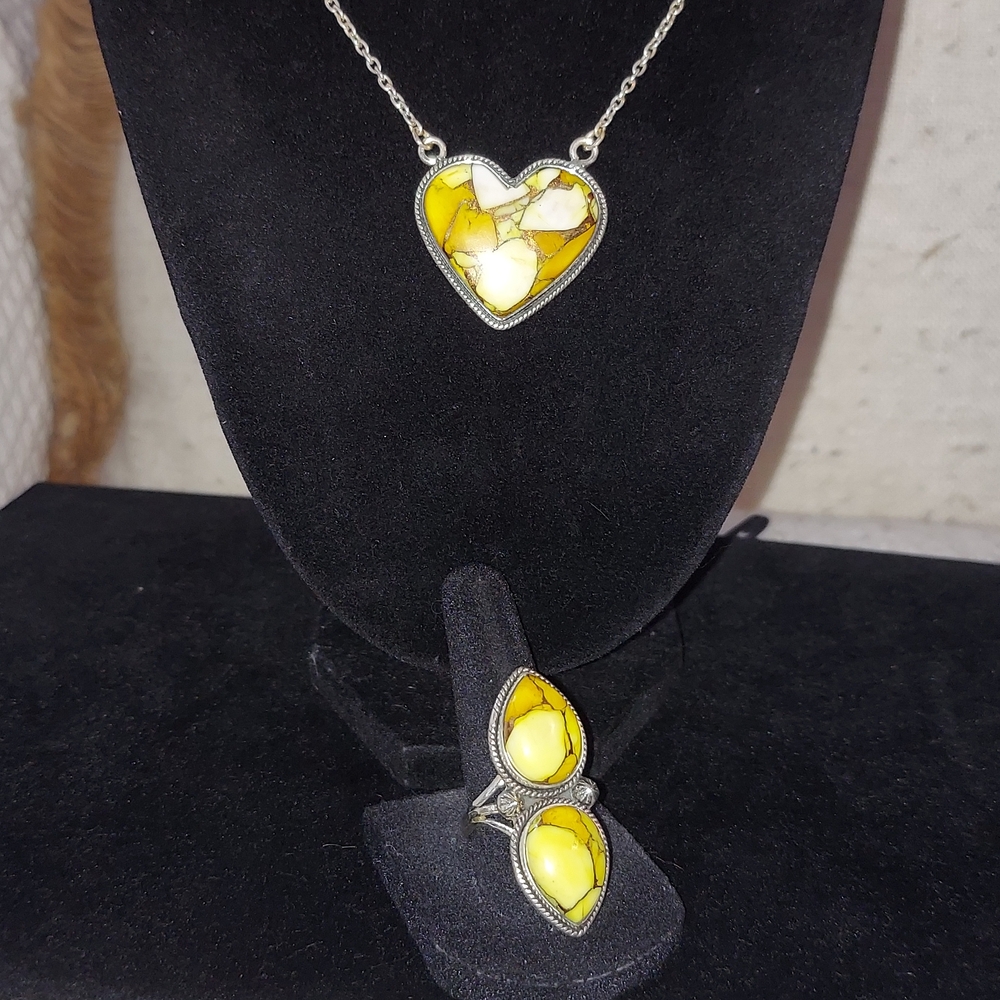 New Sterling Silver & Kingman Honey Dalia Large Heart Necklace